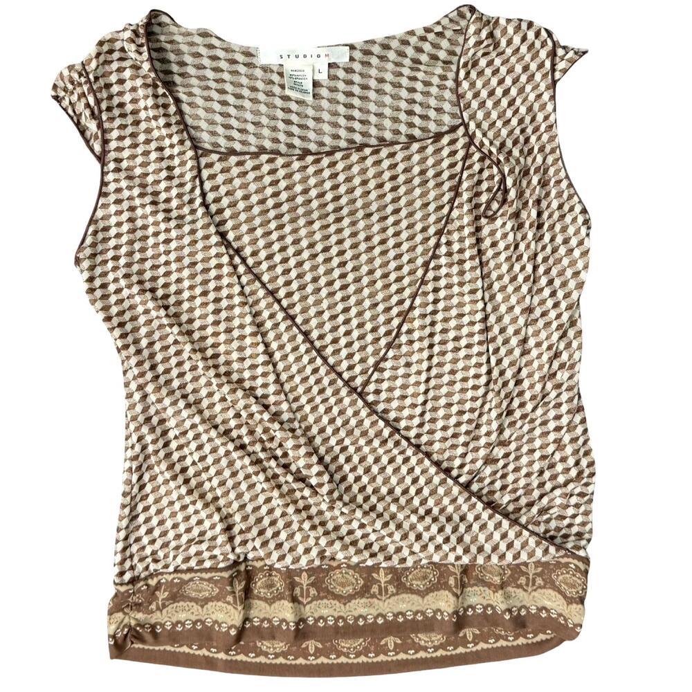 Studio M Geometric Brown Tan Squares Layered Tank Top Sleeveless Blouse size L